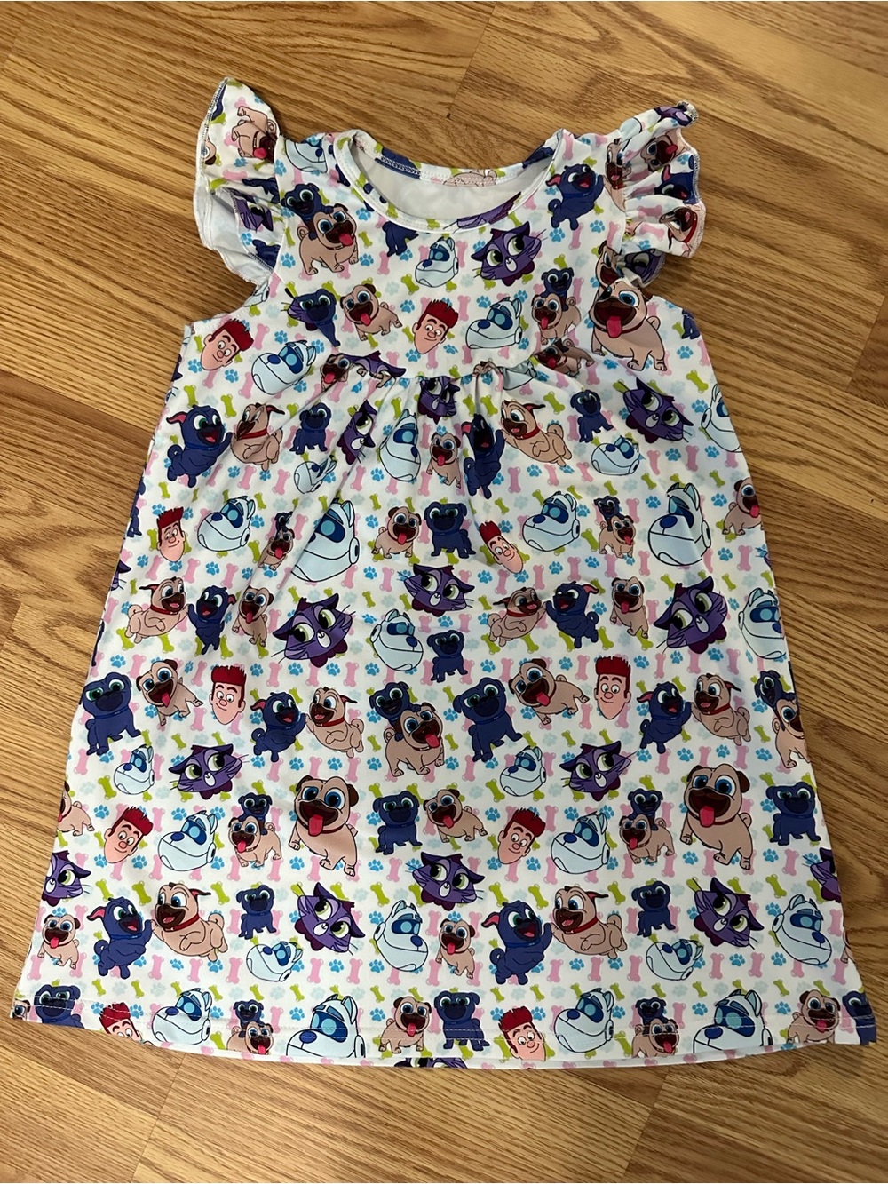 Girls' Cartoon Dog Puppy Dog Pals Print Flutter Sleeve Dress -